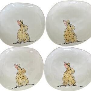 ELI & ANA Handmade Ceramics White EASTER BUNNY RABBIT 8.5" SALAD PLATES 4  NEW